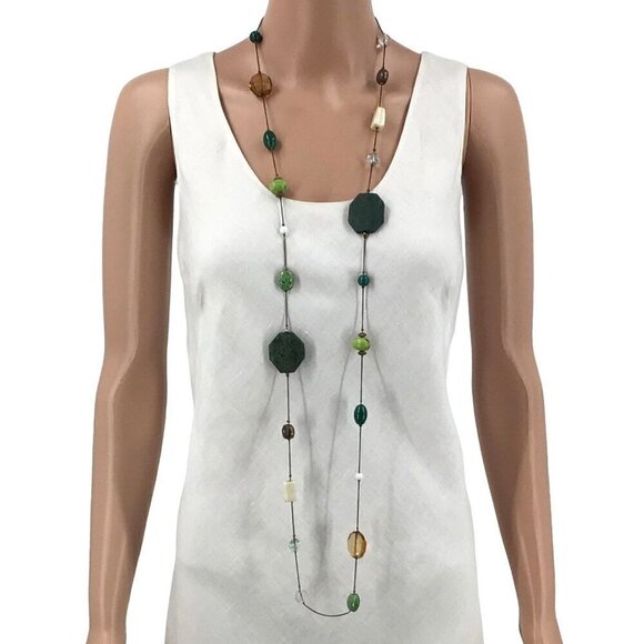 Long Necklace Green Gold Tone White 51 Inch Length - Picture 1 of 3